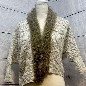 Northern Angel Sweater S Gray Knit Open Cardigan Faux Fur Trim Dolman Sleeves